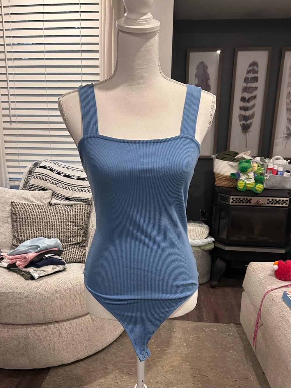 Blue Ribbed Square-Neck Bodysuit